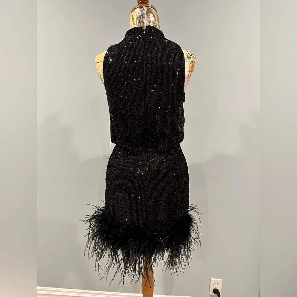 Eliza J Mock Neck Feather Hem Blouson Waist Sequin Sleeveless dress black 8P NWT - Picture 2 of 13
